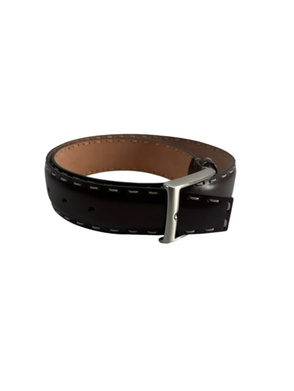 Canali Brown Leather Belt Contrast Stitch Handmade solid brass designer 85/100